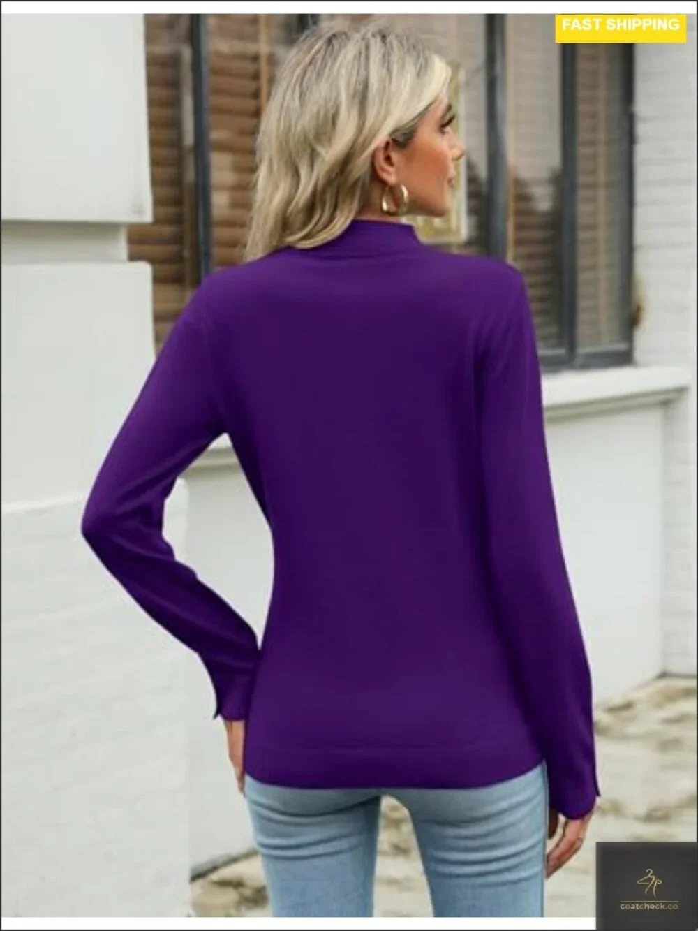 Mock Neck Long Sleeve Knit Sweater Pullover Lightweight Button Cuffs Fall